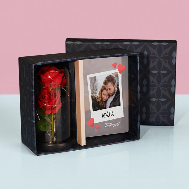 Fotka S Textem: Miluji Tě Fotka - Dárková Sada S Tiskem Na Akrylovém Skle A Věčnou Růží