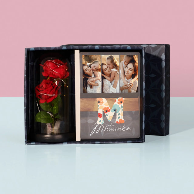 Fotokoláž: M Jako Maminka - Dárková Sada S Tiskem Na Akrylovém Skle A Věčnou Růží