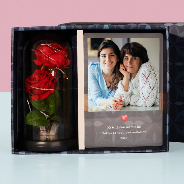 Fotka S Textem: Blahopřání Pro Mámu - Dárková Sada S Tiskem Na Akrylovém Skle A Věčnou Růží