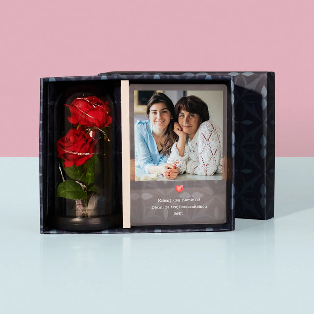 Fotka S Textem: Blahopřání Pro Mámu - Dárková Sada S Tiskem Na Akrylovém Skle A Věčnou Růží