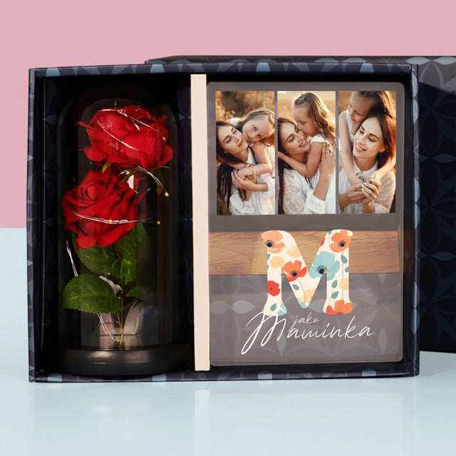 Fotokoláž: M Jako Maminka - Dárková Sada S Tiskem Na Akrylovém Skle A Věčnou Růží