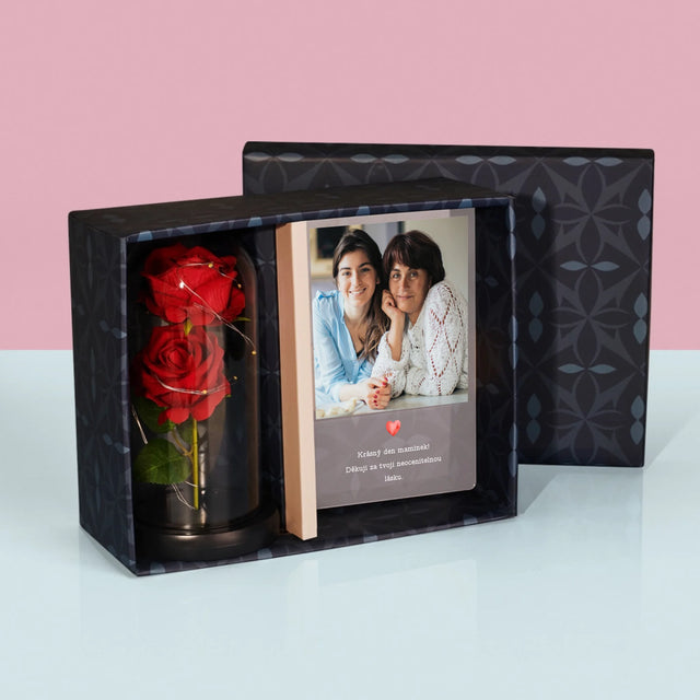 Fotka S Textem: Blahopřání Pro Mámu - Dárková Sada S Tiskem Na Akrylovém Skle A Věčnou Růží