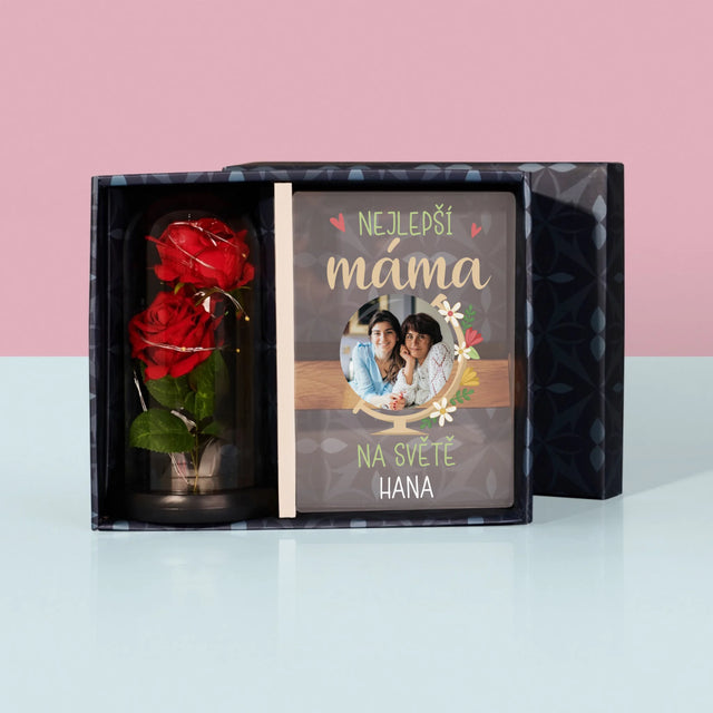 Fotka S Textem: Nejlepší Máma Svět - Dárková Sada S Tiskem Na Akrylovém Skle A Věčnou Růží