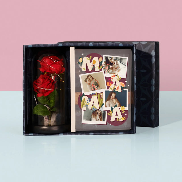 Fotokoláž: Písmenka Máma - Dárková Sada S Tiskem Na Akrylovém Skle A Věčnou Růží