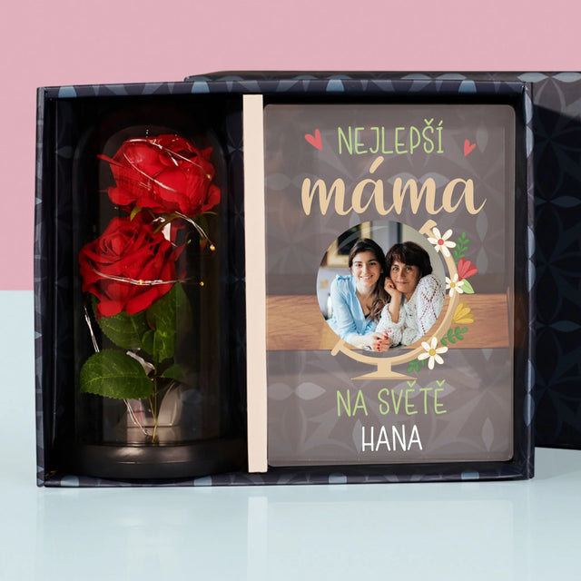 Fotka S Textem: Nejlepší Máma Svět - Dárková Sada S Tiskem Na Akrylovém Skle A Věčnou Růží