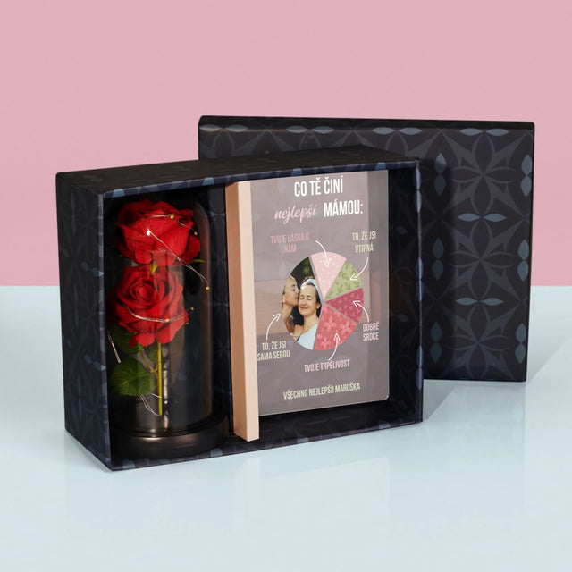 Fotka S Textem: Vlastnosti Nejlepší Mámy - Dárková Sada S Tiskem Na Akrylovém Skle A Věčnou Růží