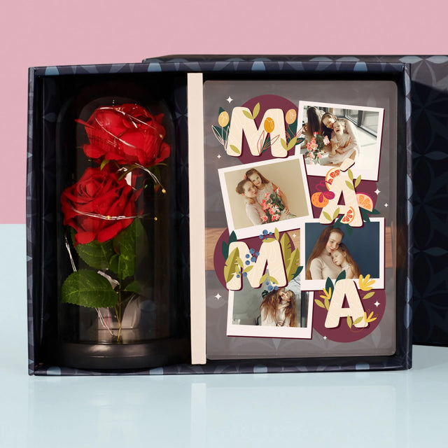 Fotokoláž: Písmenka Máma - Dárková Sada S Tiskem Na Akrylovém Skle A Věčnou Růží