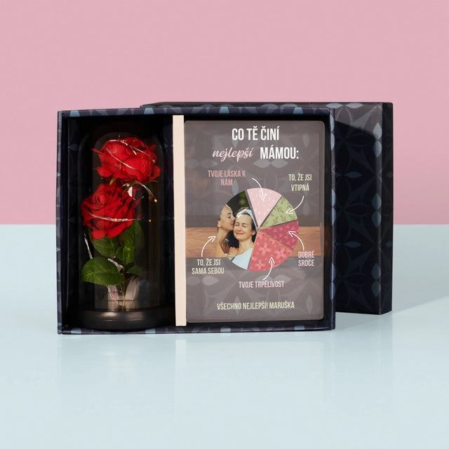 Fotka S Textem: Vlastnosti Nejlepší Mámy - Dárková Sada S Tiskem Na Akrylovém Skle A Věčnou Růží
