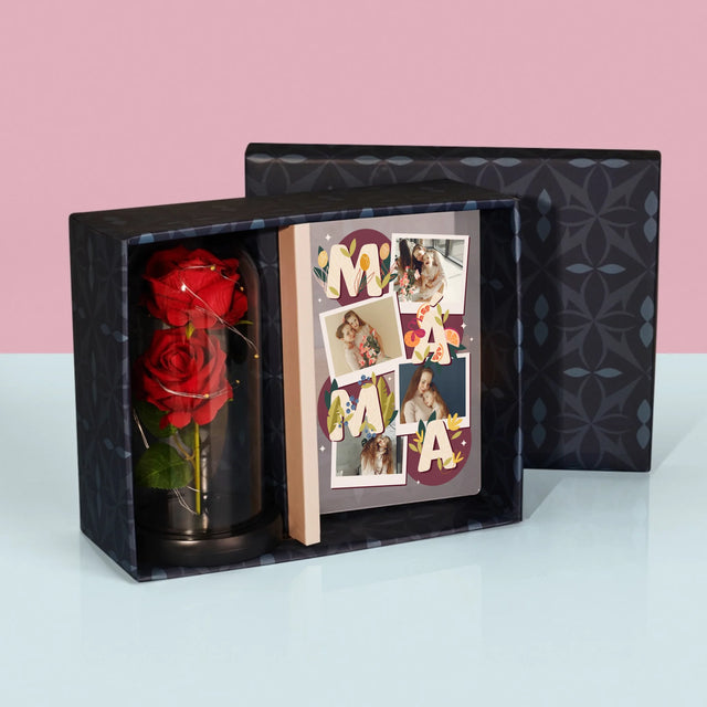 Fotokoláž: Písmenka Máma - Dárková Sada S Tiskem Na Akrylovém Skle A Věčnou Růží