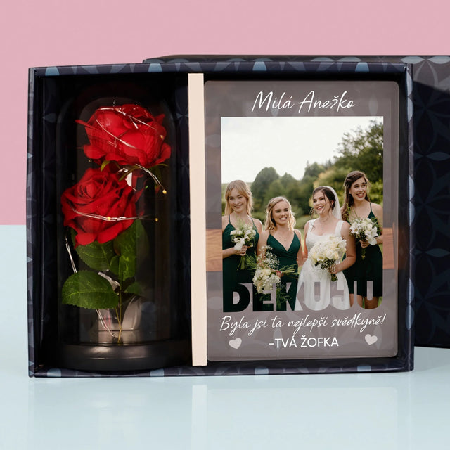 Fotka S Textem: Byla Jsi Ta Nejlepší Svědkyně - Dárková Sada S Tiskem Na Akrylovém Skle A Věčnou Růží