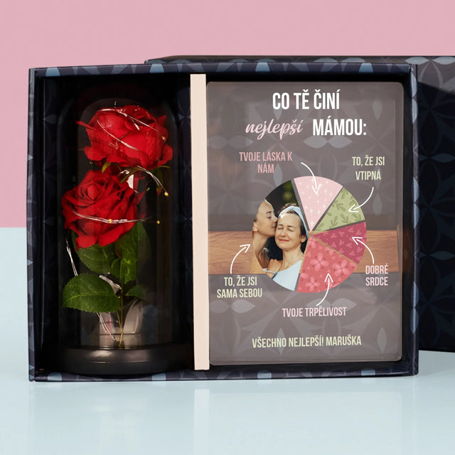 Fotka S Textem: Vlastnosti Nejlepší Mámy - Dárková Sada S Tiskem Na Akrylovém Skle A Věčnou Růží
