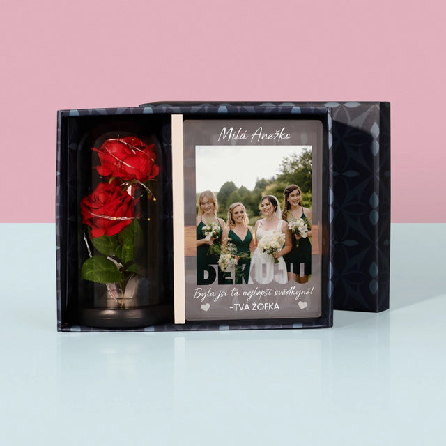 Fotka S Textem: Byla Jsi Ta Nejlepší Svědkyně - Dárková Sada S Tiskem Na Akrylovém Skle A Věčnou Růží
