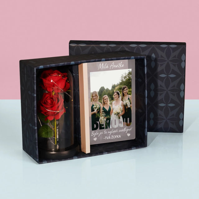 Fotka S Textem: Byla Jsi Ta Nejlepší Svědkyně - Dárková Sada S Tiskem Na Akrylovém Skle A Věčnou Růží