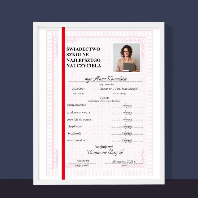 Fotka A Textem: Vysvědčení Nejlepšího Učitele - Tisk V Rámečku