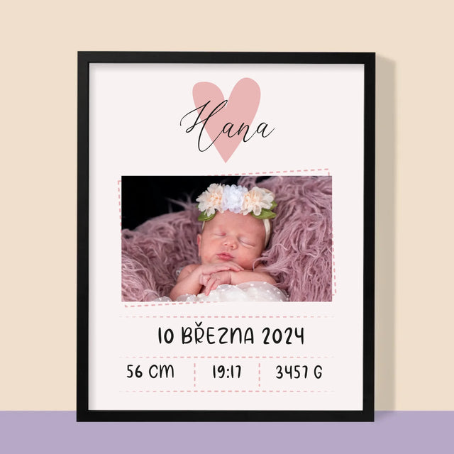 Údaje O Narození Ditěte: Údaje O Narození Srdce Dívka - Tisk V Rámečku