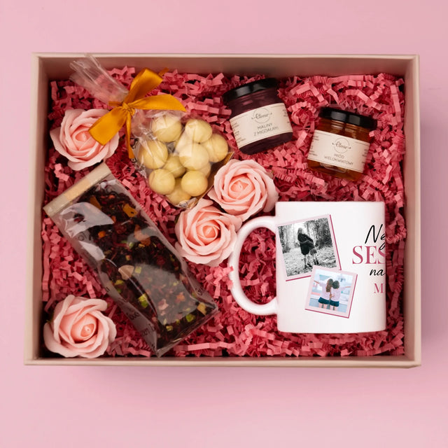Fotokoláž: Nejlepší Sestra - Dárková Sada S Hrnkem, Čajem A Sladkostmi
