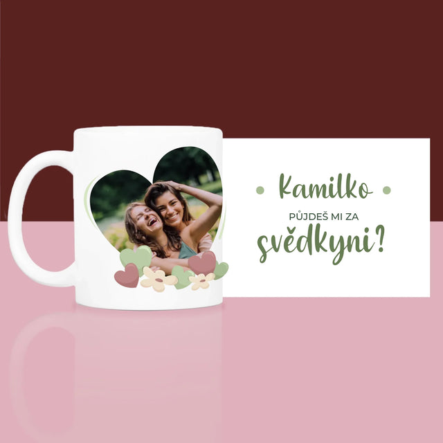 Fotka S Textem: Půjdeš Mi Za Svědkyni Květiny - Dárková Sada S Hrnkem A Saténovou Čelenkou