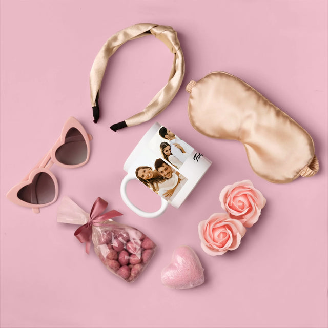 Fotokoláž: 4 Fotky A Nápis - Dárková Sada S Hrnkem A Saténovou Čelenkou