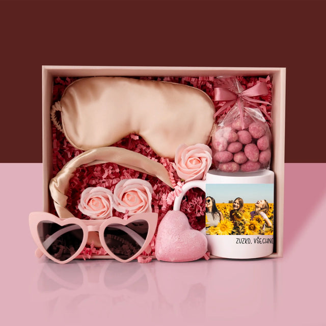 Fotokoláž: 2 Fotky A Nápis - Dárková Sada S Hrnkem A Saténovou Čelenkou