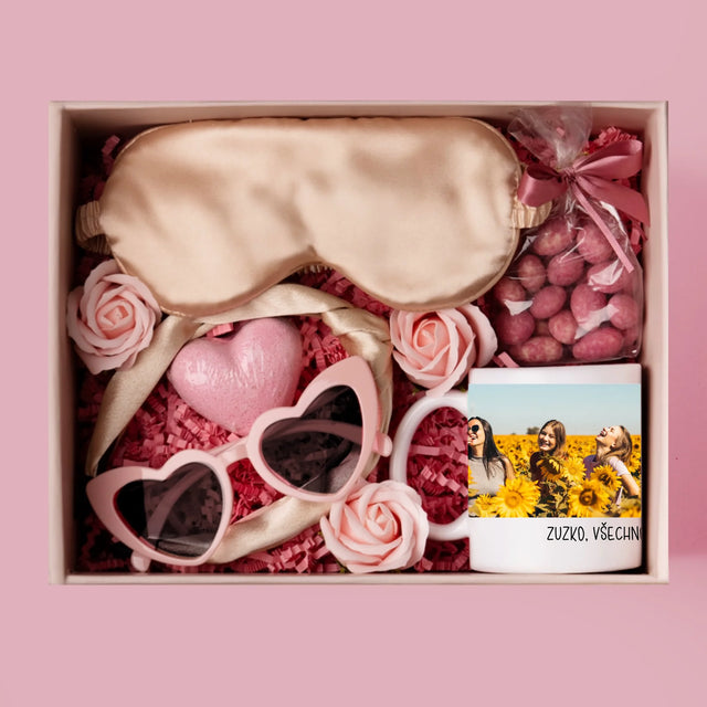Fotokoláž: 2 Fotky A Nápis - Dárková Sada S Hrnkem A Saténovou Čelenkou