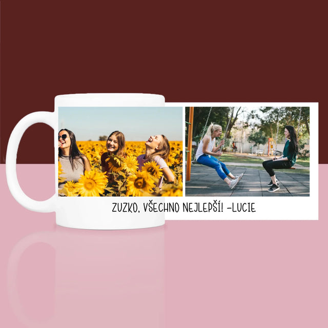 Fotokoláž: 2 Fotky A Nápis - Dárková Sada S Hrnkem A Saténovou Čelenkou