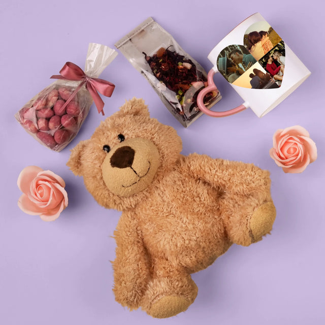 Tvar Z Fotek: Výročí Srdce - Dárková Sada S Hrnkem, Plyšovým Medvídkem A Sladkostmi