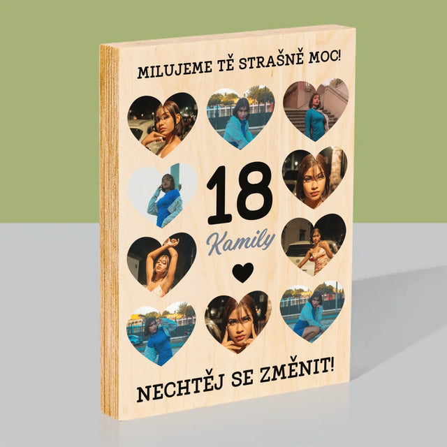 Fotokoláž: 18 Srdce - Tisk Na Dřevo