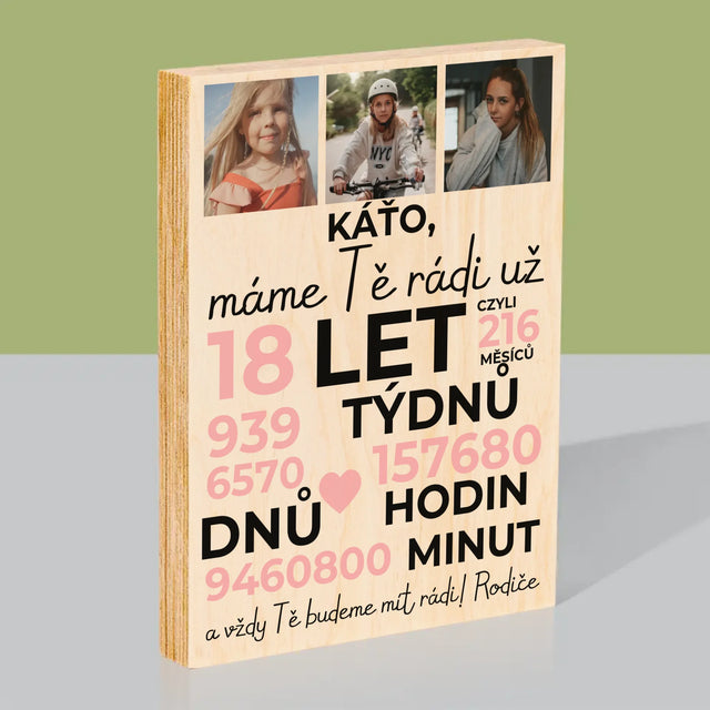 Fotokoláž: Máme Tě Rádi Už 18 Let - Tisk Na Dřevo
