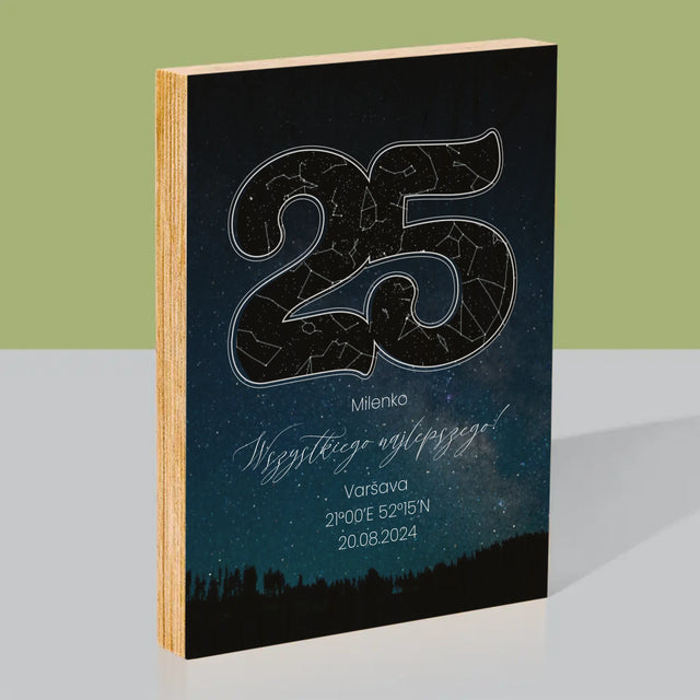 Hvězdná Mapa: Hvězdy K 25. Narozeninám - Tisk Na Dřevo