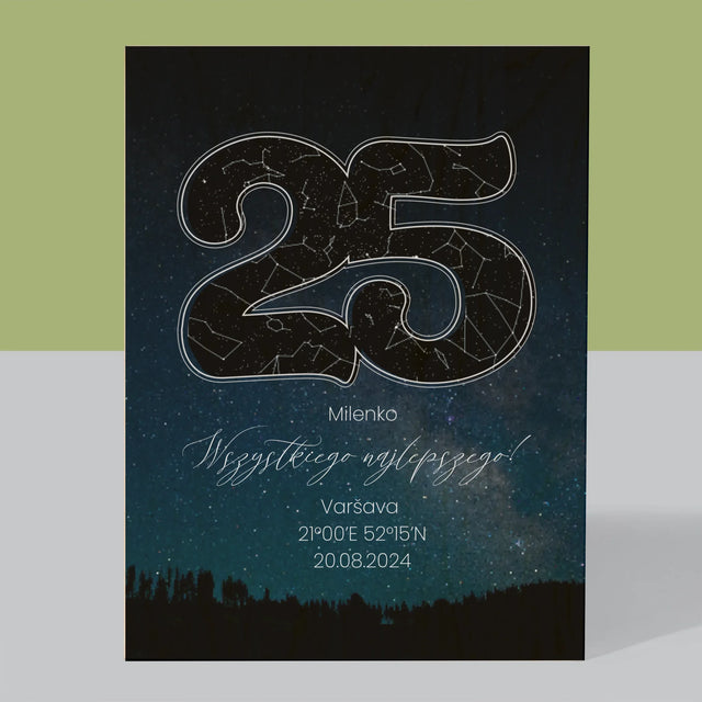 Hvězdná Mapa: Hvězdy K 25. Narozeninám - Tisk Na Dřevo