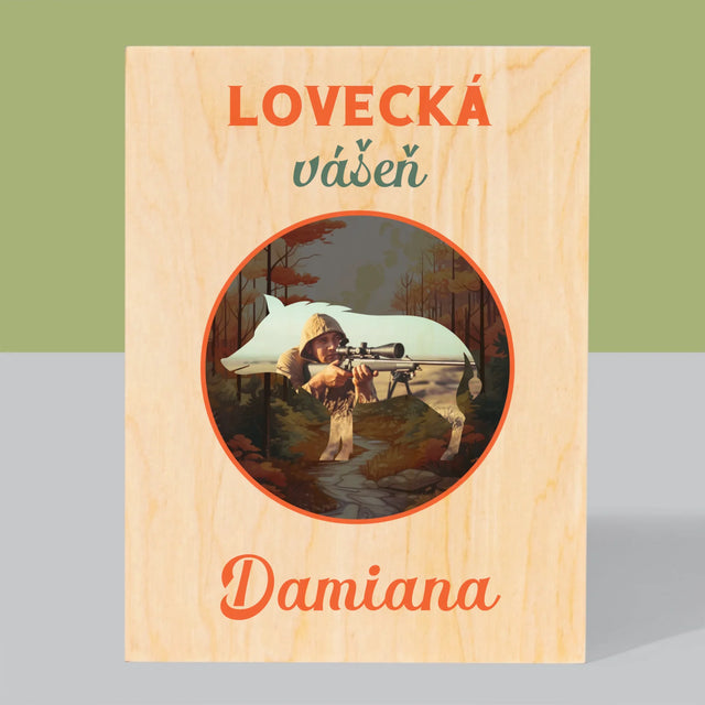 Fotka S Textem: Lovecká Vášeň Damiana - Tisk Na Dřevo