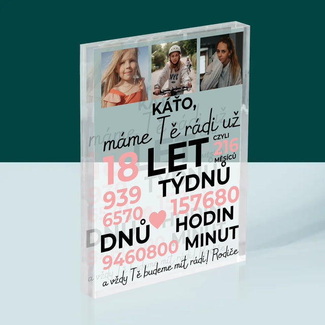 Fotokoláž: Máme Tě Rádi Už 18 Let - Akrylový Blok