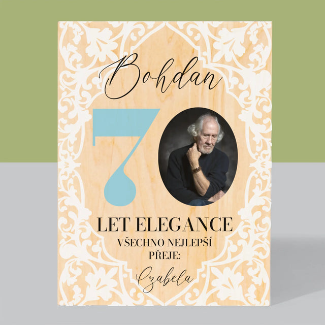 Fotka S Textem: 70 Let Elegance - Tisk Na Dřevo