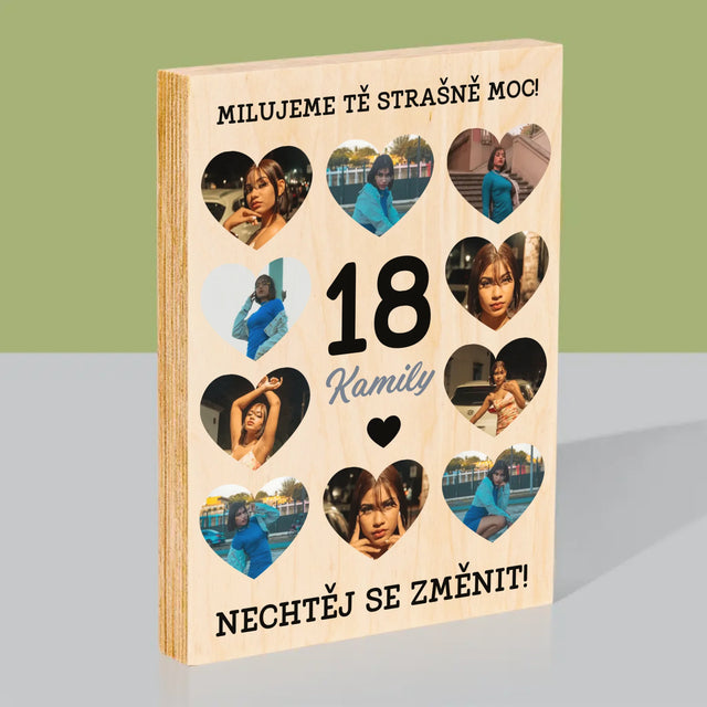 Fotokoláž: 18 Srdce - Tisk Na Dřevo