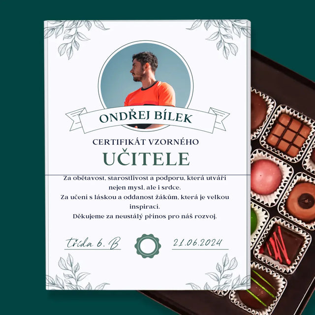 Fotka A Nápis: Certifikát Vzorného Učitele - Pralinky