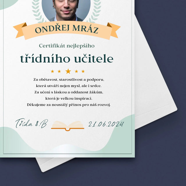 Fotka A Nápis: Certifikát Nejlepšího Třídního Učitele - Přání