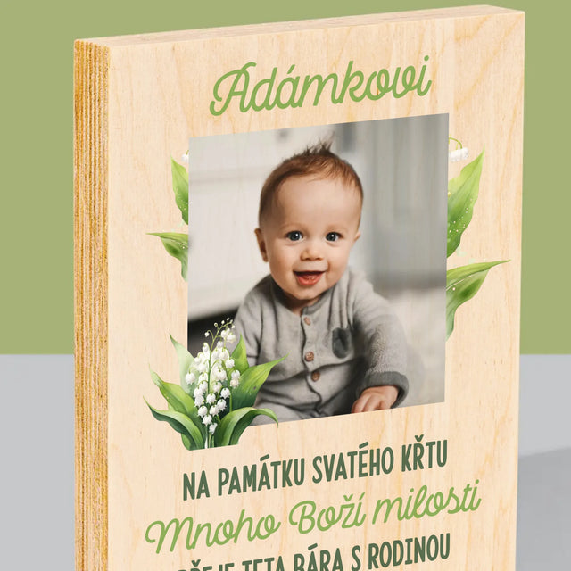 Fotka A Nápis: Památka Na Křest Konvalinky - Tisk Na Dřevo