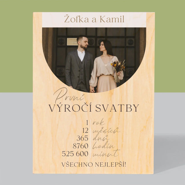 Fotka A Nápis: První Výročí Svatby - Tisk Na Dřevo