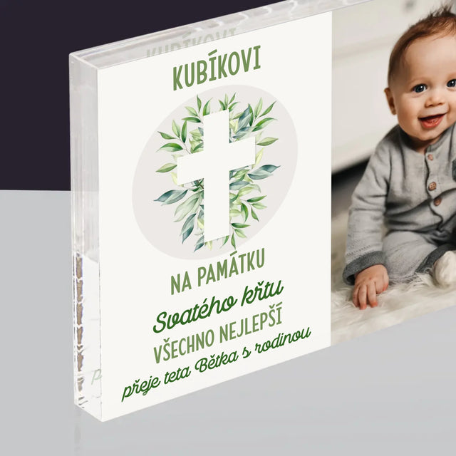 Fotka A Nápis: Svatý Křest Lístky - Akrylový Blok