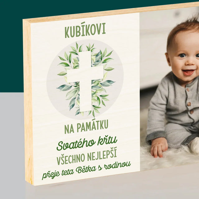 Fotka A Nápis: Svatý Křest Lístky - Tisk Na Dřevo