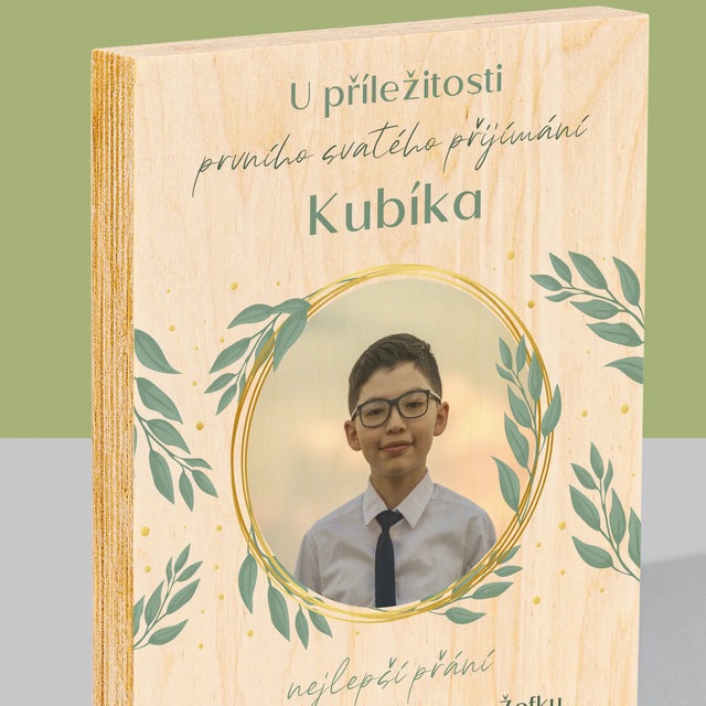 Fotografie a podpis: U příležitosti prvního svatého přijímání - tisk na dřevě | Česká republika