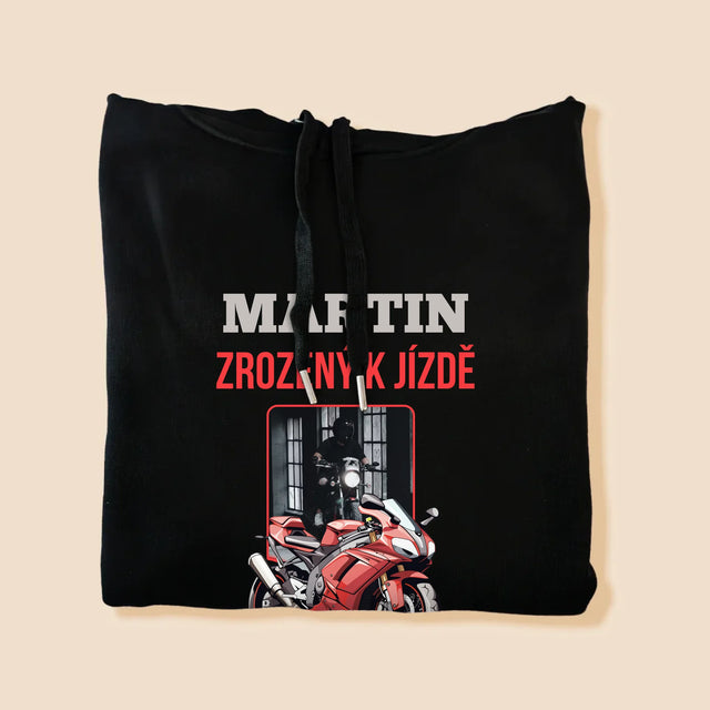 Fotka A Nápis: Zrozený K Jízdě  - Pánská Mikina S Kapuci