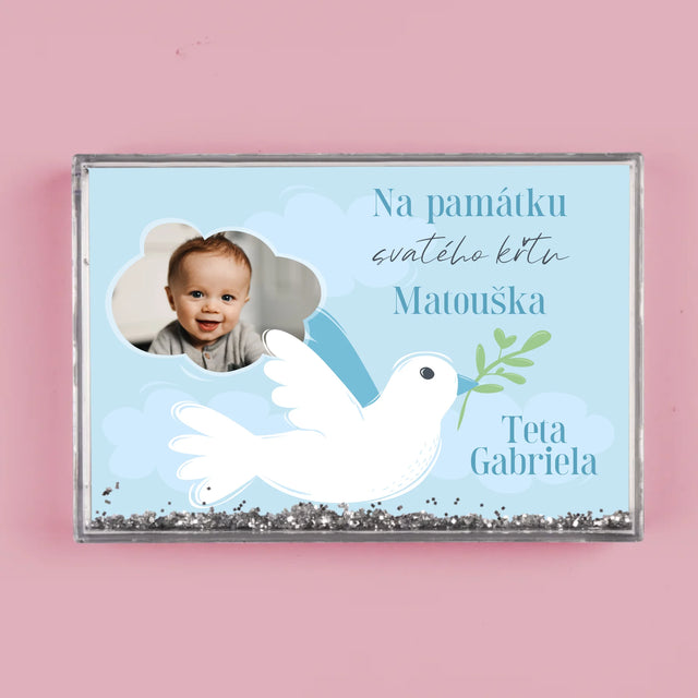 Fotka A Nápis: Památka Na Křest Holoubek - Sněžící Fotorámeček