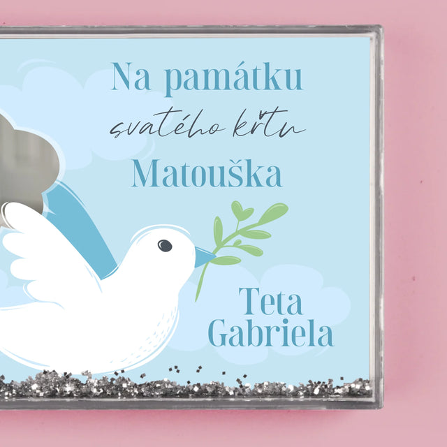 Fotka A Nápis: Památka Na Křest Holoubek - Sněžící Fotorámeček