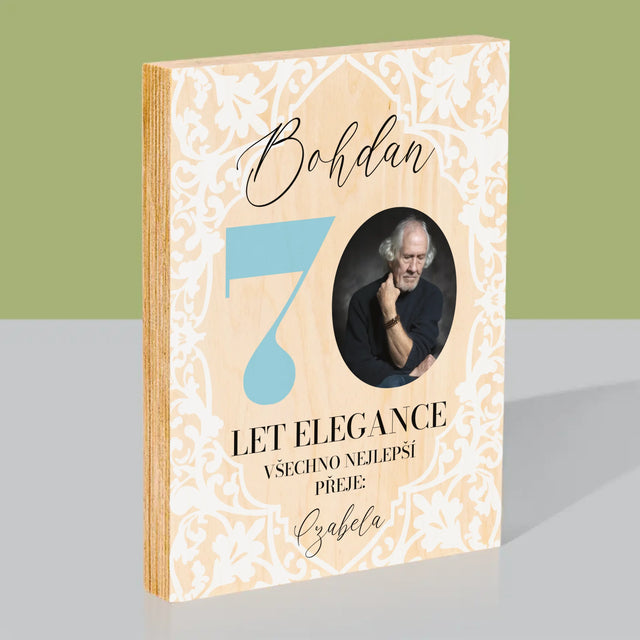 Fotka S Textem: 70 Let Elegance - Tisk Na Dřevo
