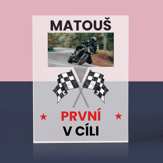 Fotka S Textem: První V Cíli - Akrylový Blok