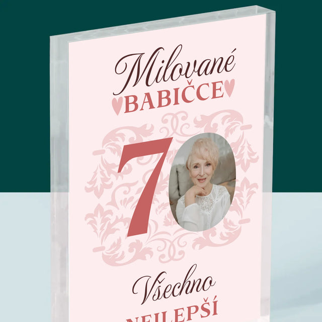 Fotka S Textem: Milované Babičce Všechno Nejlepší - Akrylový Blok